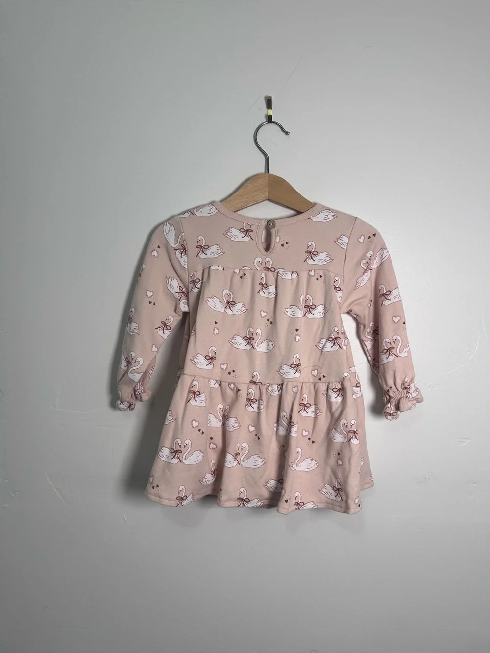 Quincy Mae Pink Swan Print Long-Sleeve Twirl dress with bloomers NWOT